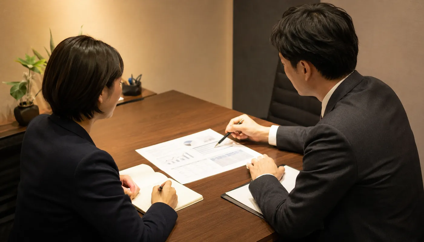 資料を見ながら1対1で面談する様子（イメージ）