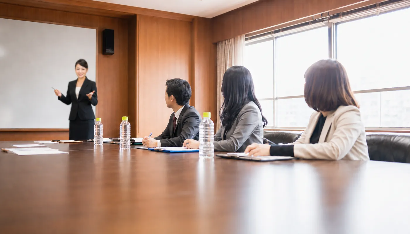 研修の様子（イメージ）。ホワイトボードの前で講師が説明し、受講者が着席している。